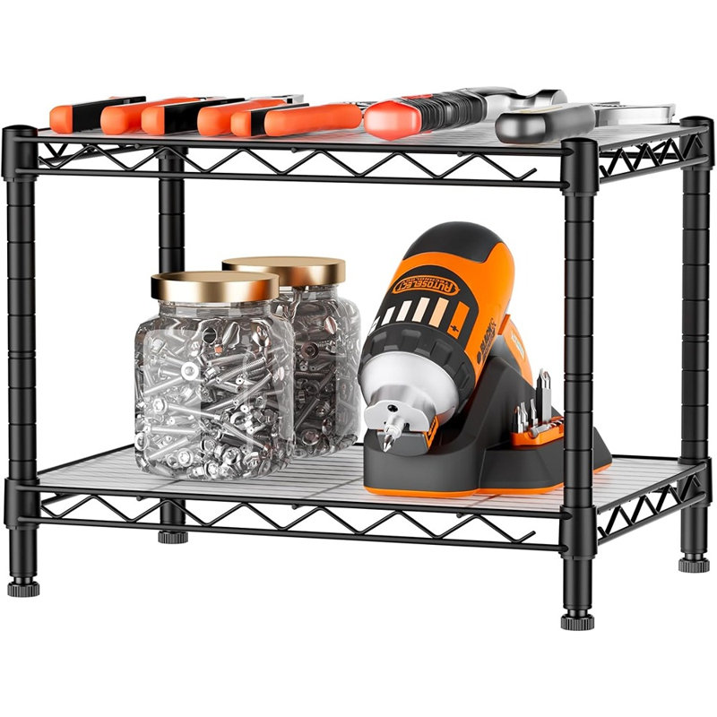 Organisateur de garde-manger à 2 niveaux avec tablettes grillagées - support de rangement réglable en métal - noir - étagère grillagée compacte