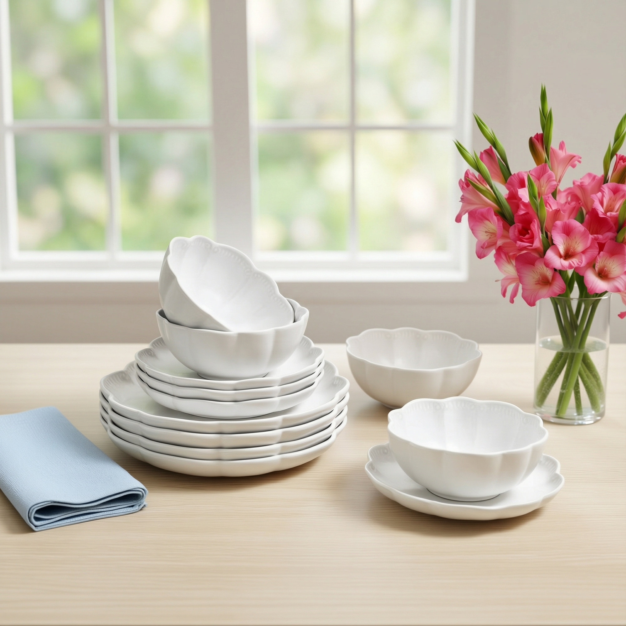 Sango Bethany 12-Piece Stoneware Dinnerware Set – Service for 4, Scalloped Plate & Bowl Set, White
