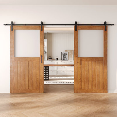 Homacer Early American Double 32in x 80in Half Lite Glass Design Unassembled & Finished Barn Doors with Non-Bypass Installation Hardware Kit, 11ft track, interior use only