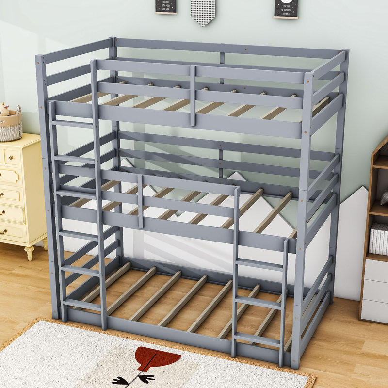 Kamaura Twin Over Twin Over Twin Bunk Bed With Safety Guardrails, Gray