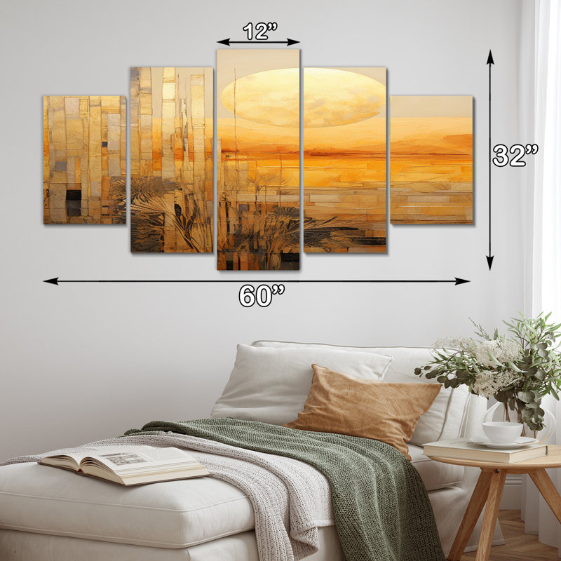 Golden Sunset Cottage Countryside Landscape I - Meadow Wall Decor - 5 Panels