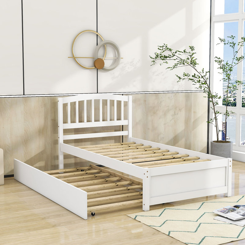 Mashud Twin Size Wood Platform Bed Frame with Trundle, White