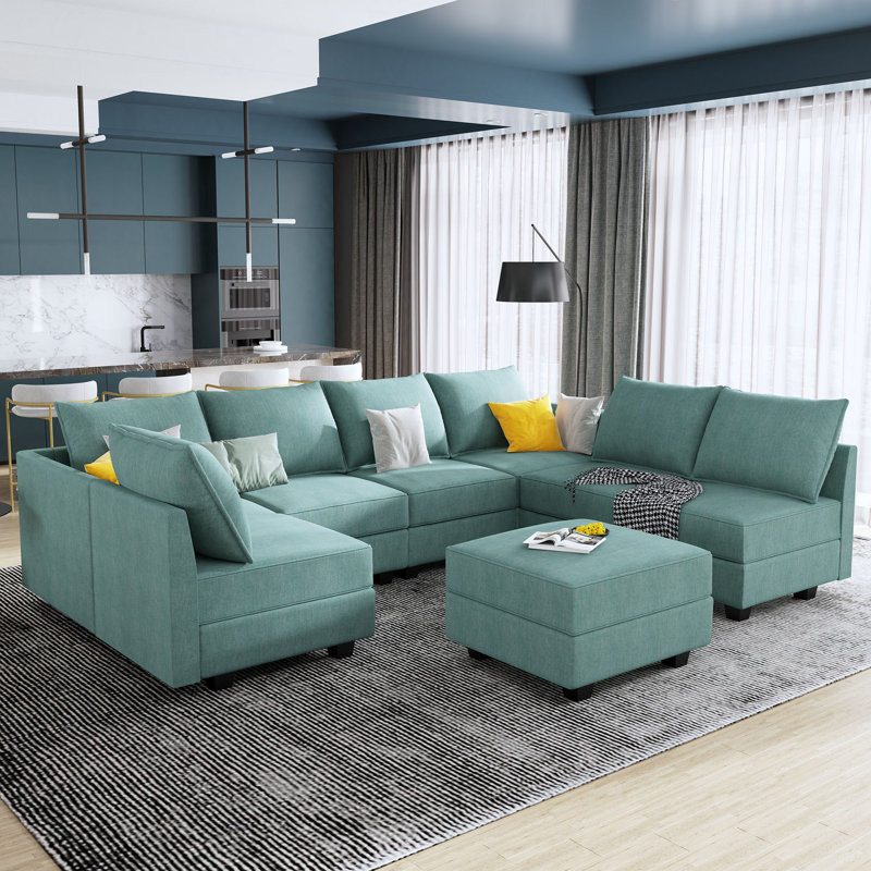 Canapé modulaire modulaire en forme de U avec repose-pieds avec rangement, Polyester bleu