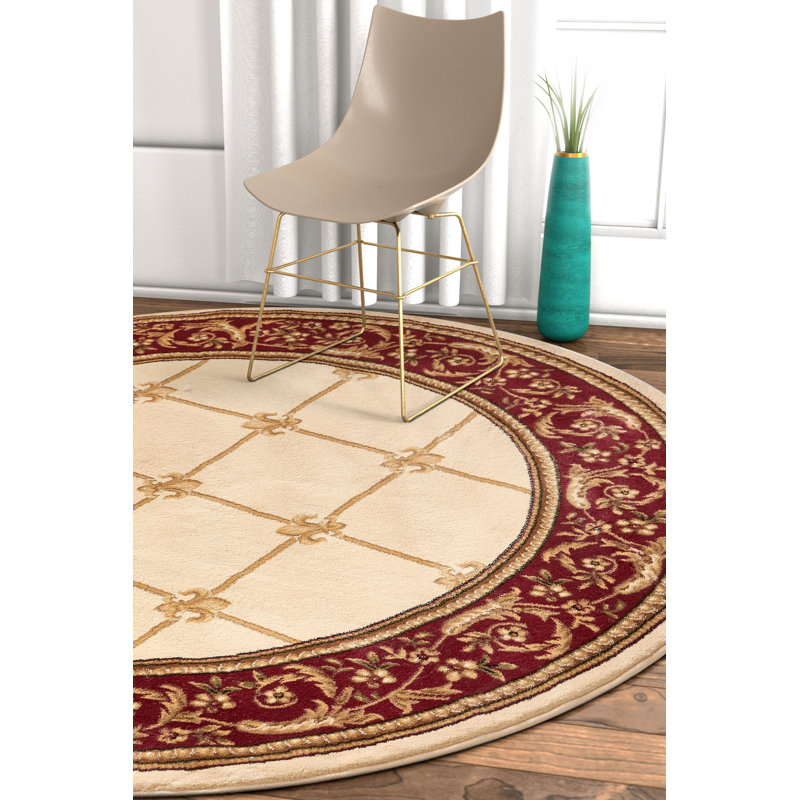 Tapis ivoire/rouge tissé à la machine Pickett, Rond 5 pi 3 po