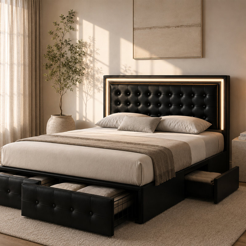 Led Bed Frame With 4 Storage Drawers, Smart Control RGB LED Lights On  Headboard,With Remote Control, Upholstered Adjustable Headbaord