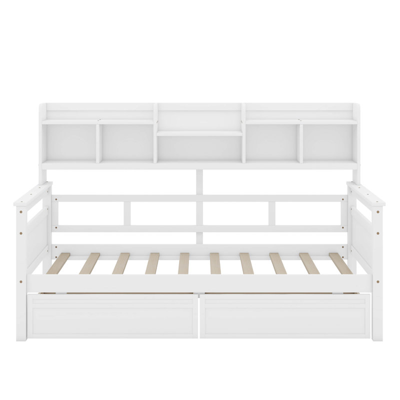 Bookcase Wood Daybed with Bedside Shelf and Two Drawers, White, Twin