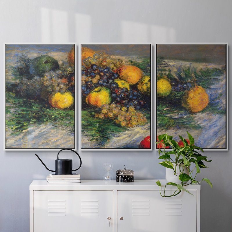 Nature morte par Monet, ensemble de 3 toiles encadrées, H 40 po x l 78 po, Cadre blanc