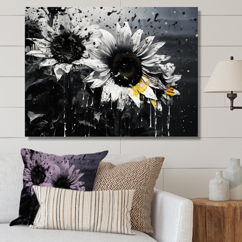 «Black and White Sunflowers Florescence» - art mural toile de tournesols, H 12 po x l 20 po x P 1 po, Toile tendue