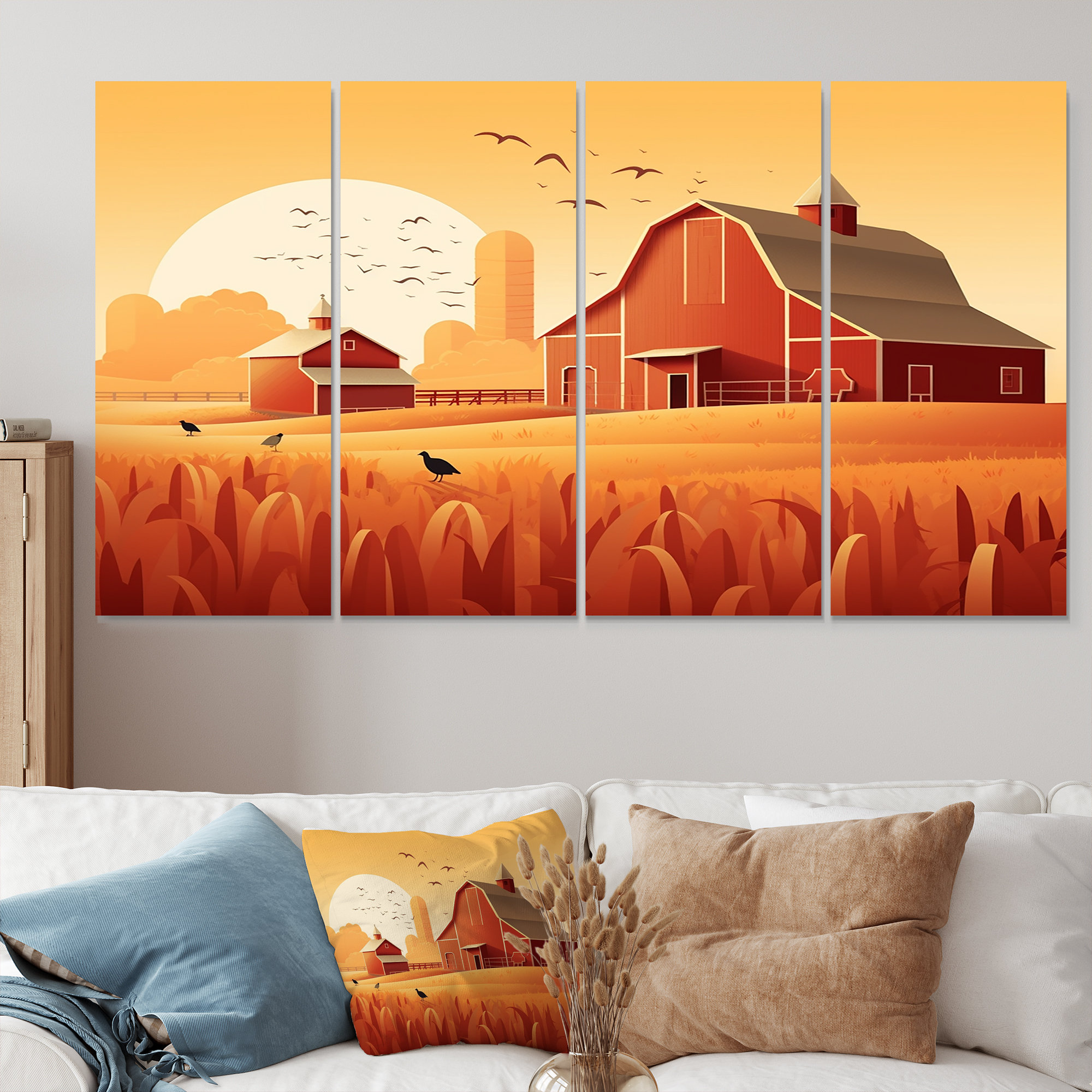 Gracie Oaks Sunset Over The Wheat Field Red Farmhouse - Farmhouse Wall ...