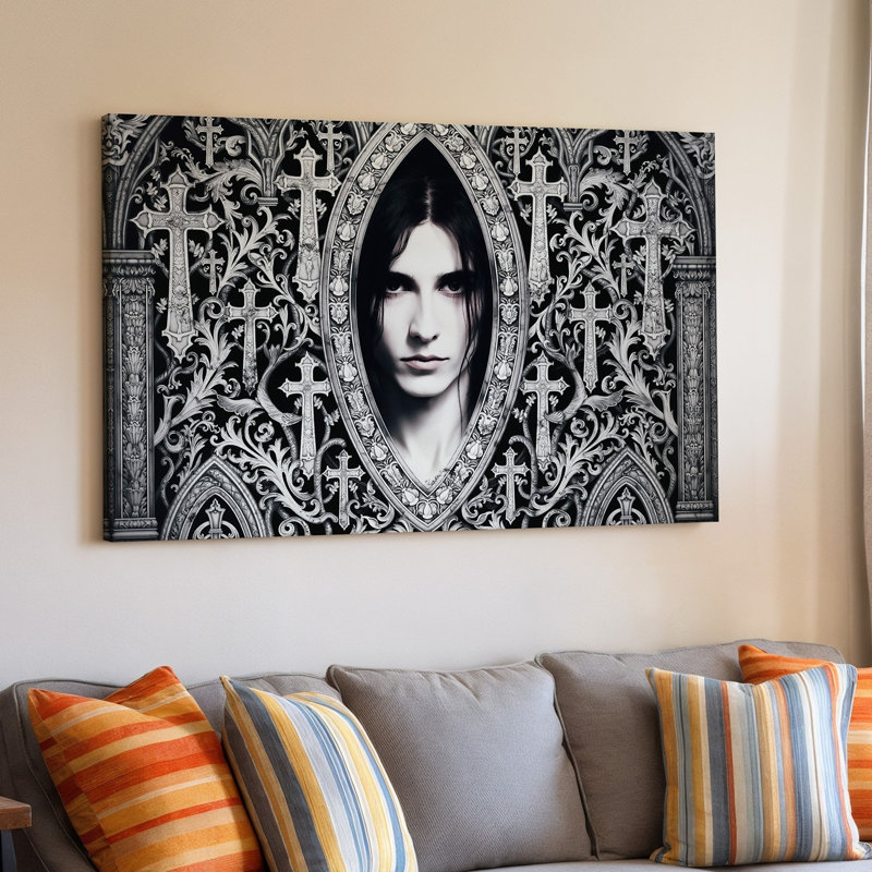 Toile, composition gothique complexe et obsédante avec une figure centrale avec art mural cheveux foncés et peau pâle partiellement