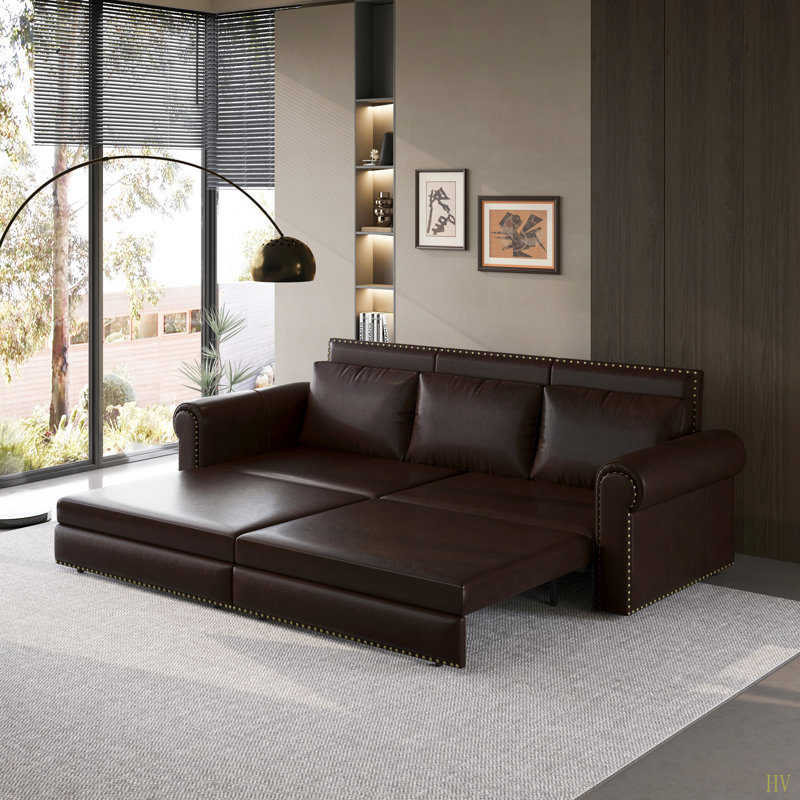 Faux leather Upholstered Sofa bed, 3-In-1 Multi-Functional Pull Out Sleeper Sofa With Nailhead Trim For Living Room Bedroom Apartment