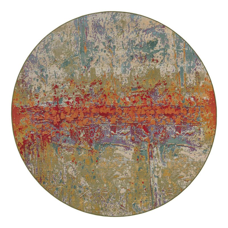 Tapis d'intérieur / extérieur multicolore à motif abstrait Trona, Rond 7 pi 1 po