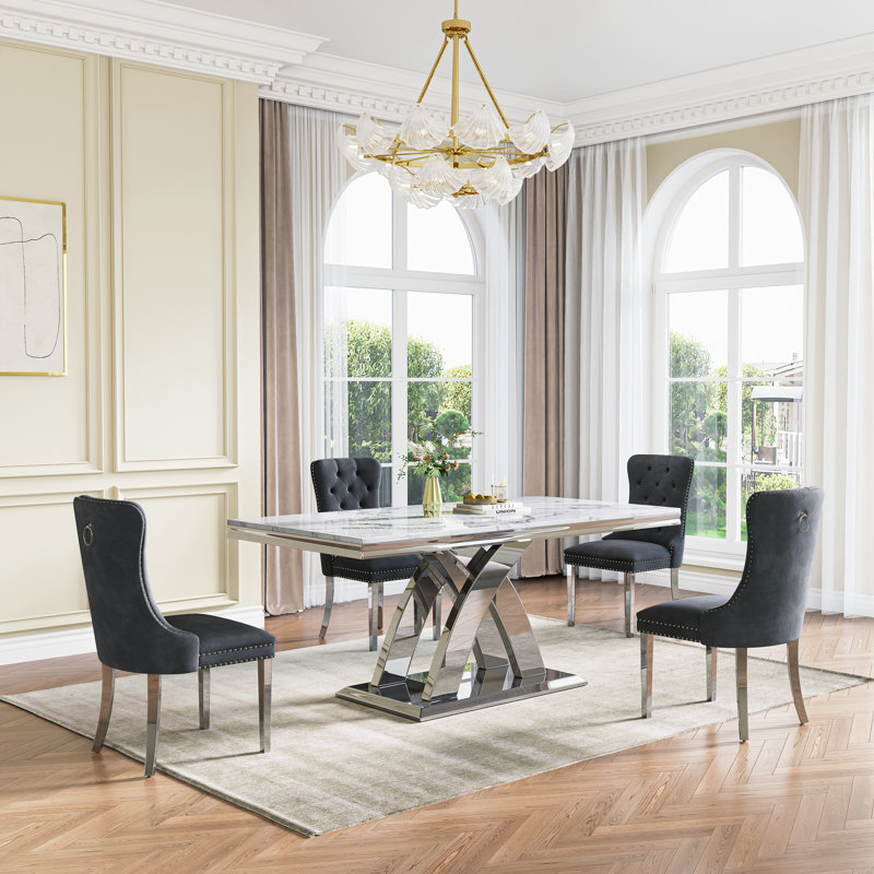 70.08" Modern Faux Marble Dining Table Set With Double X Base, Black/Silver, Silver, 5 Pieces: Table, 4 Chairs