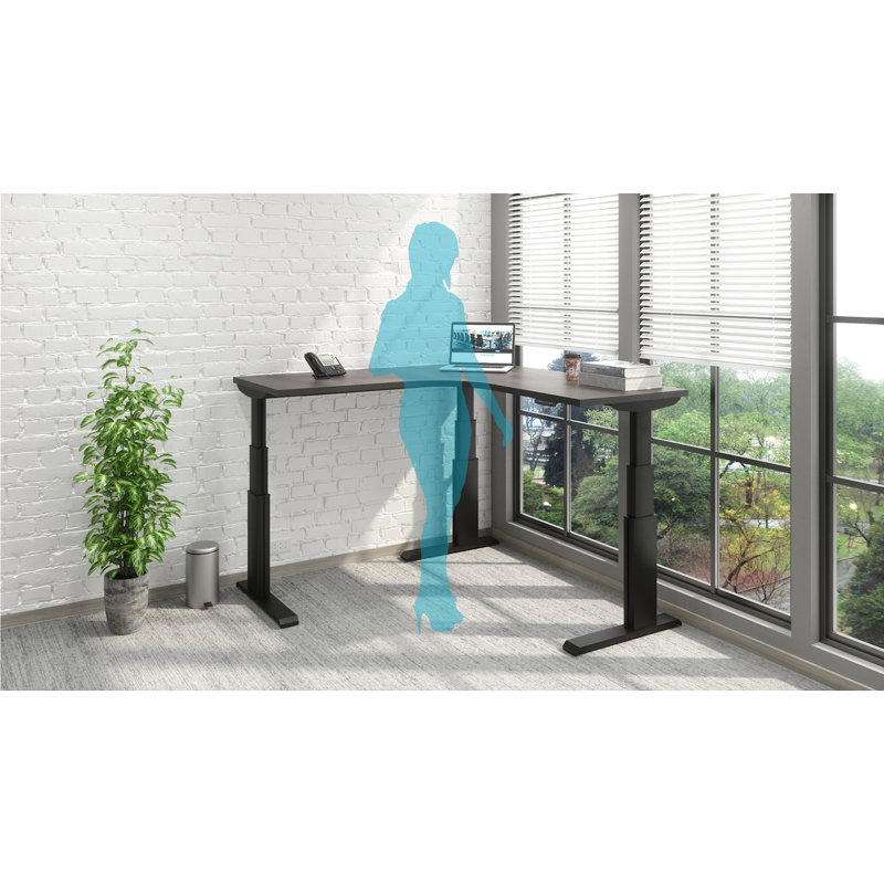Wildermuth Adjustable Height L-Shaped Standing Desk with Built-In Electrical Outlet, Driftwood/Black