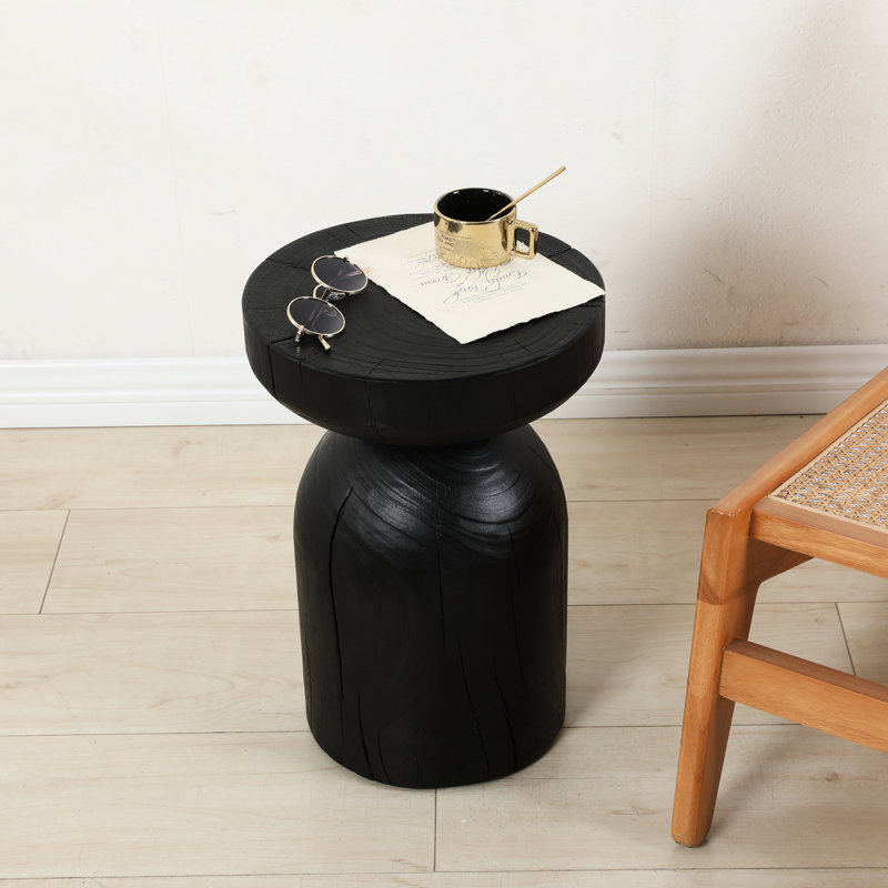Table de bout ronde en bois de manguier noir massif de 12,4 po x 17,7 po, convenant à la chambre à coucher, entièrement assemblée, avec un design contemporain de 12,4 po de diamètre
