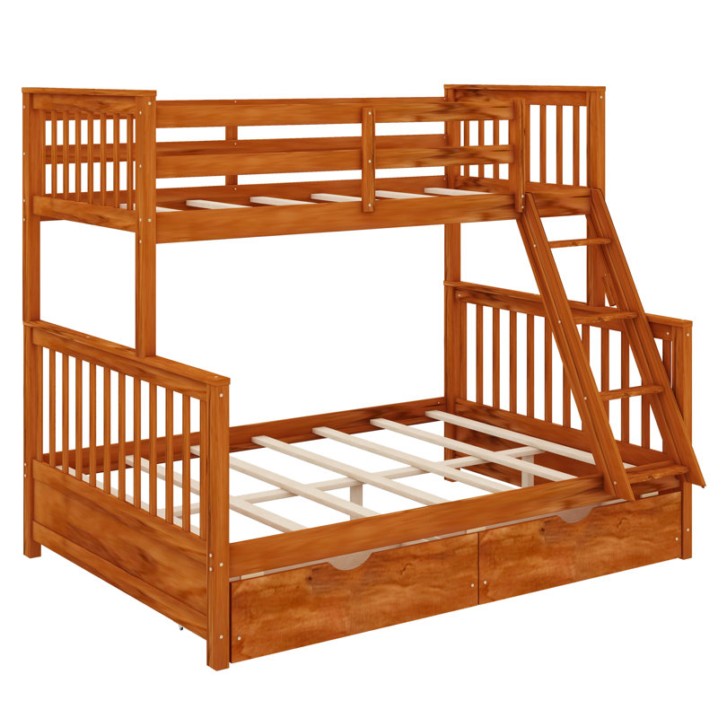 Twin Over Full Bunk Bed With Dual Ladders And Storage Drawers, Walnut