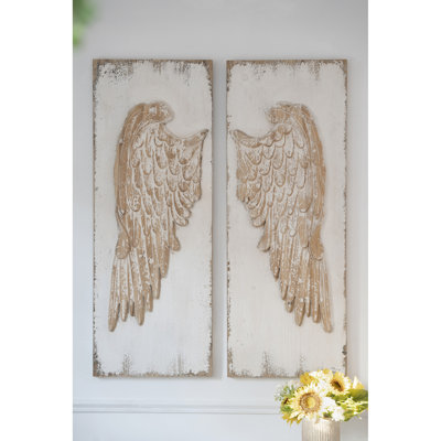 2 Feather Wing Wall Panels With Distressed White, 42"x15.5", Add A Sense Of Luxury To Living Room, Dining Hallway Panels, White Finish, Rectangular Hanging Art, 42" X 15.5", Home Decor, Decoration