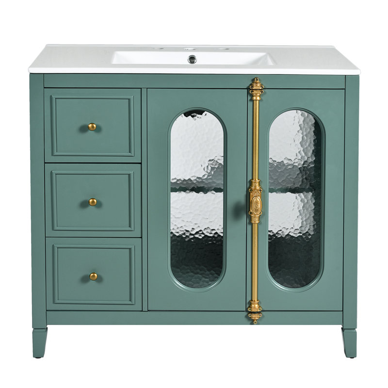 Armoire de rangement pour salle de bain 36 po avec portes à fermeture douce, bois massif. Généreux 3 tiroirs. Apparence moderne en verre translucide. Matériau. Étapes d'assemblage simples. Cadre de meuble-lavabo 36 po Lake
