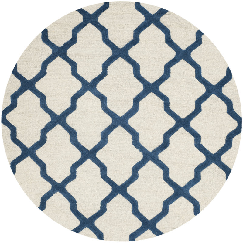 Cannen Hand Tufted Wool Geometric Rug, Round 6', Ivory/Navy Blue