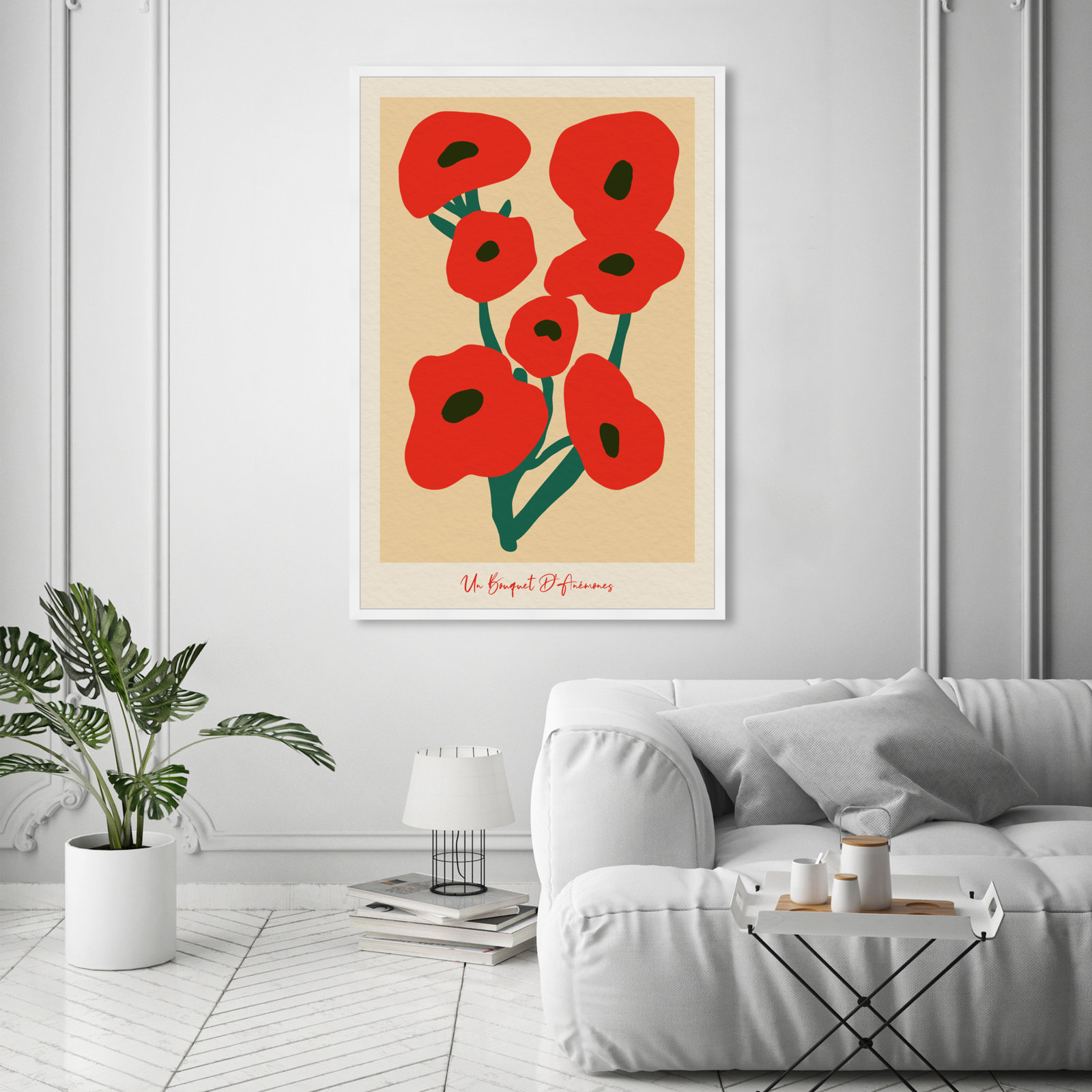Modern Red Flower Bouquet Print, 56" H x 38" W, White