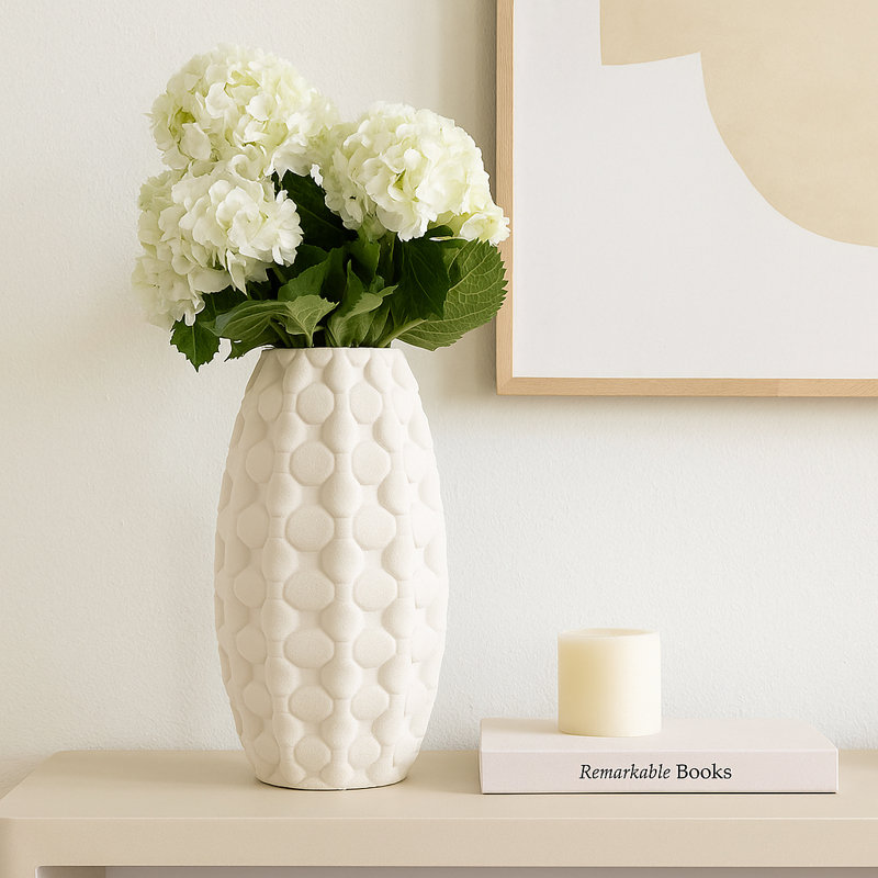 Modern Textured Dot Sculptural Stoneware Porcelain Home Decor Flower Vase for Dining Table - Tall Form Accent for Console Table Feature - Ivory & Tan