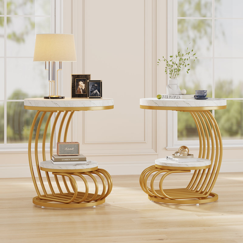 2-Tier Round End Side Table Set, White, Gold