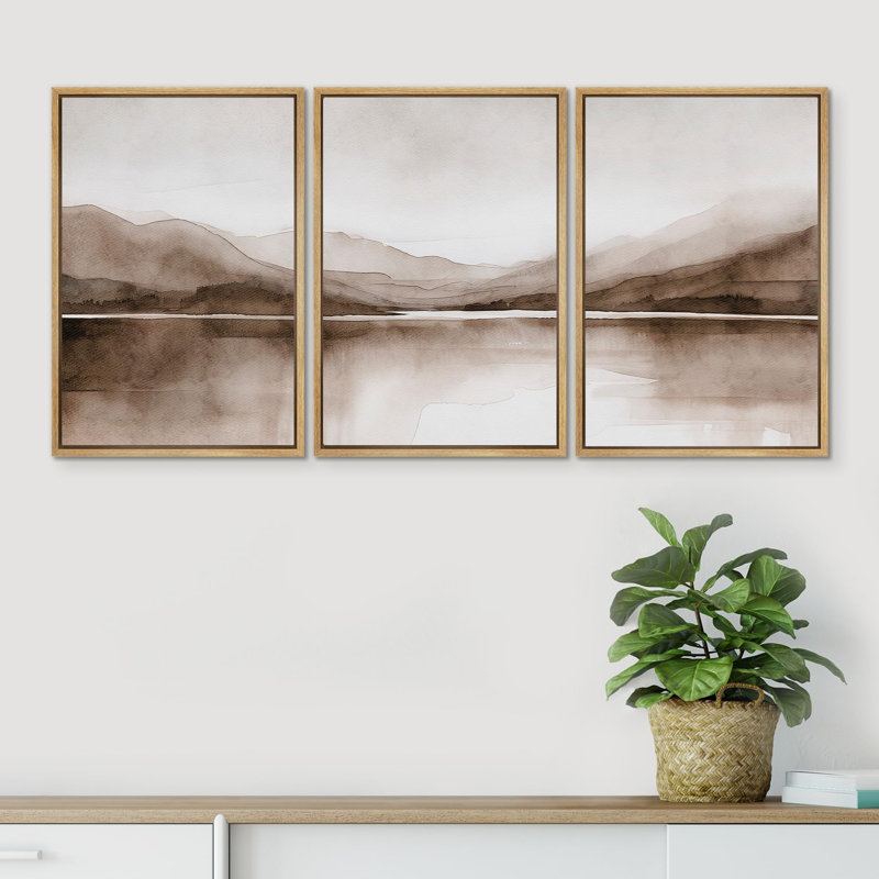 «Mountain Landscape Modern Minimalist Brown and Gray Watercolor Nature Wilderness Modern Cool», 3 pièces, Naturel