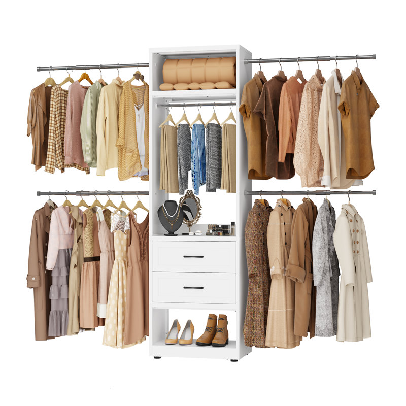 Metal Closet System, 4ft-8ft Custom Closet Organizer System With 4 Expandable Hanging Rods And Metal Tower,79" Walk In Closet System With 2 Drawers, Custom Built In Closet