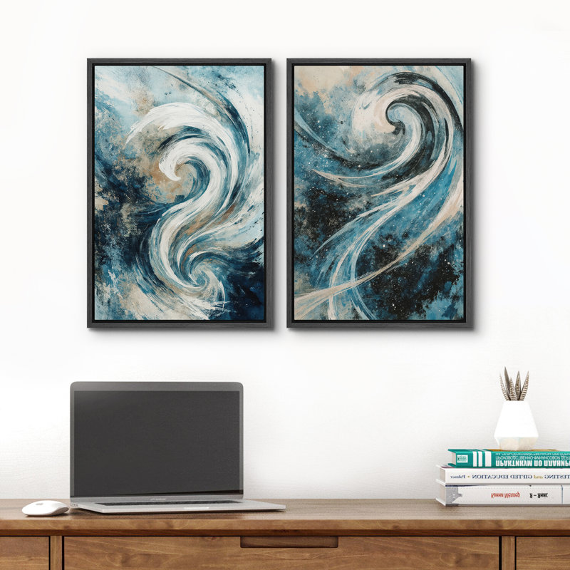 Art mural abstrait, ensemble de 2 reproductions d'art encadrées sur toile, H 24 po x l 32 po, Noir
