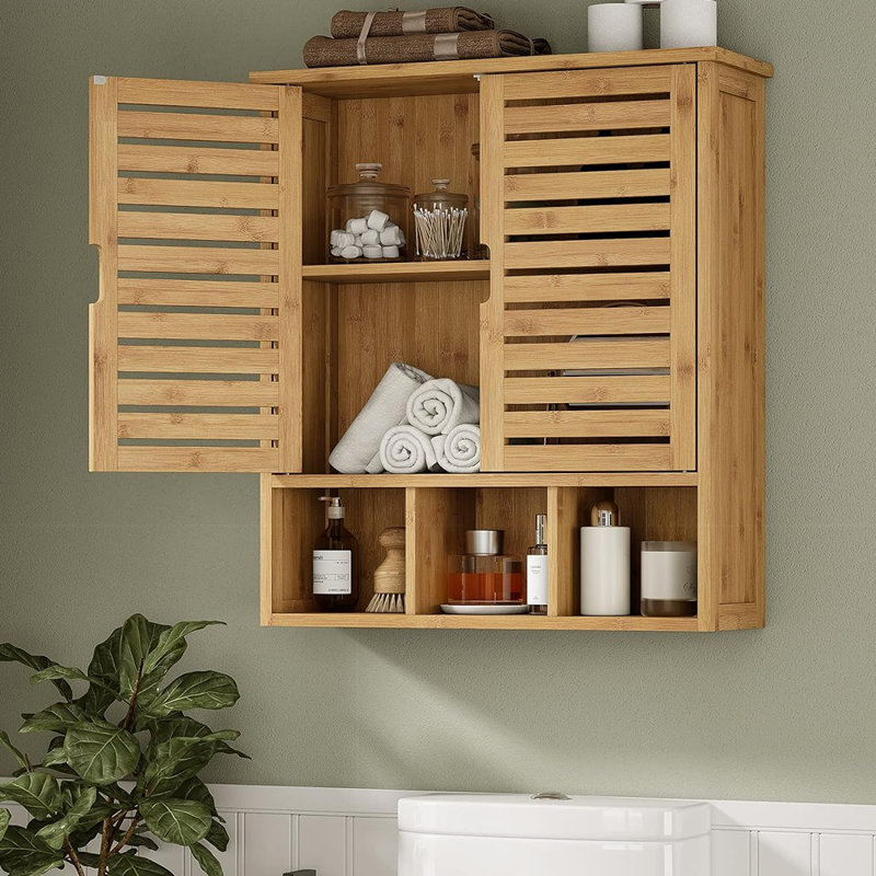 Armoire de rangement murale de salle de bain, armoire à pharmacie en bambou avec portes et tablettes réglables, armoire de salle de bain murale