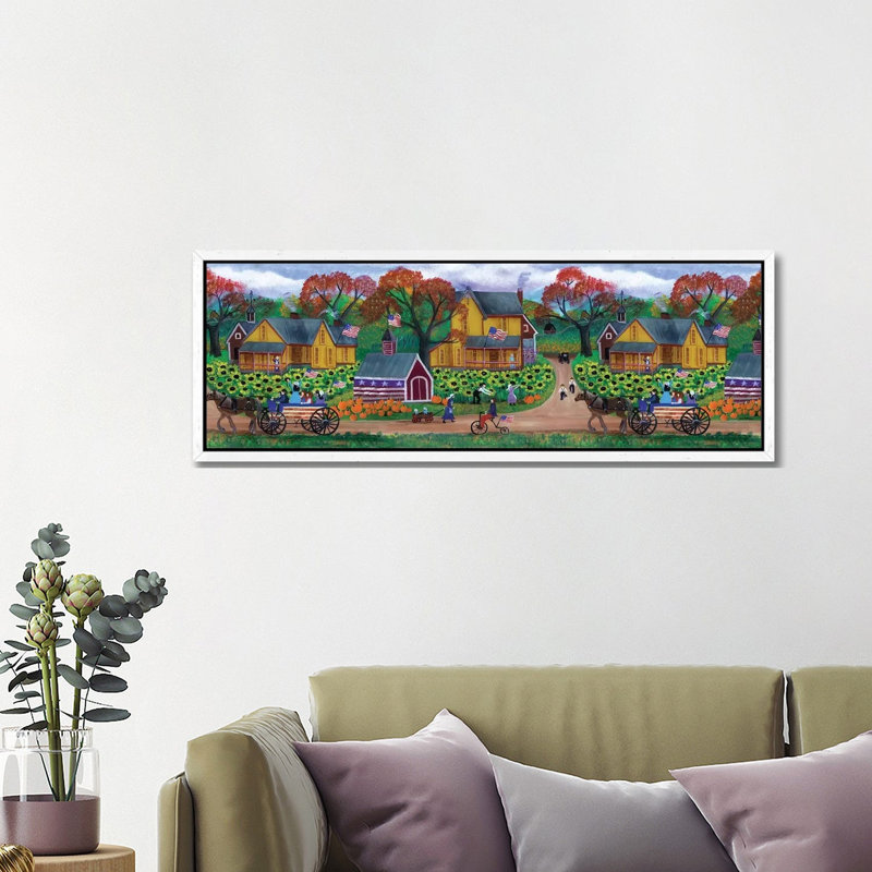 American Primitive Sunflower Pumpkin Farm Border by Cheryl Bartley - Panoramic Painting on Canvas, White Framed