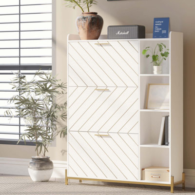 Range-chaussures avec 3 tiroirs rabattables et tablettes ouvertes, armoire de rangement pour chaussures moderne et étroite, étagère à chaussures étroite