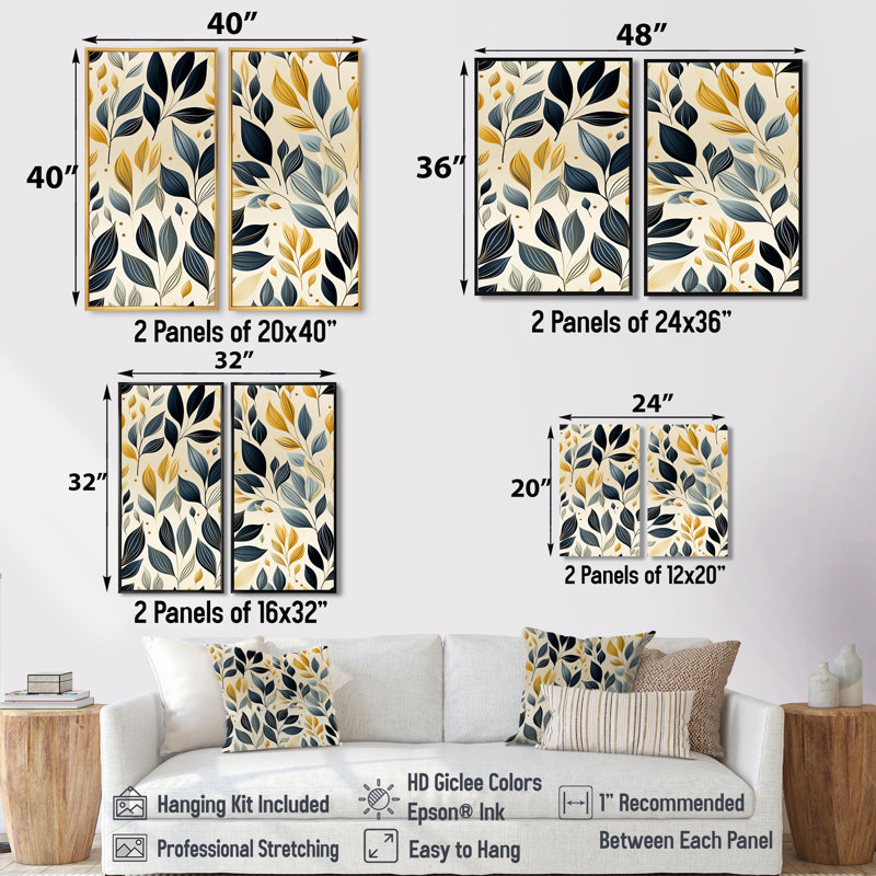 Motif moderne de feuilles - art mural bohémien et éclectique bleu, Noir, H 36 po x l 48 po, Impression encadrée flottante