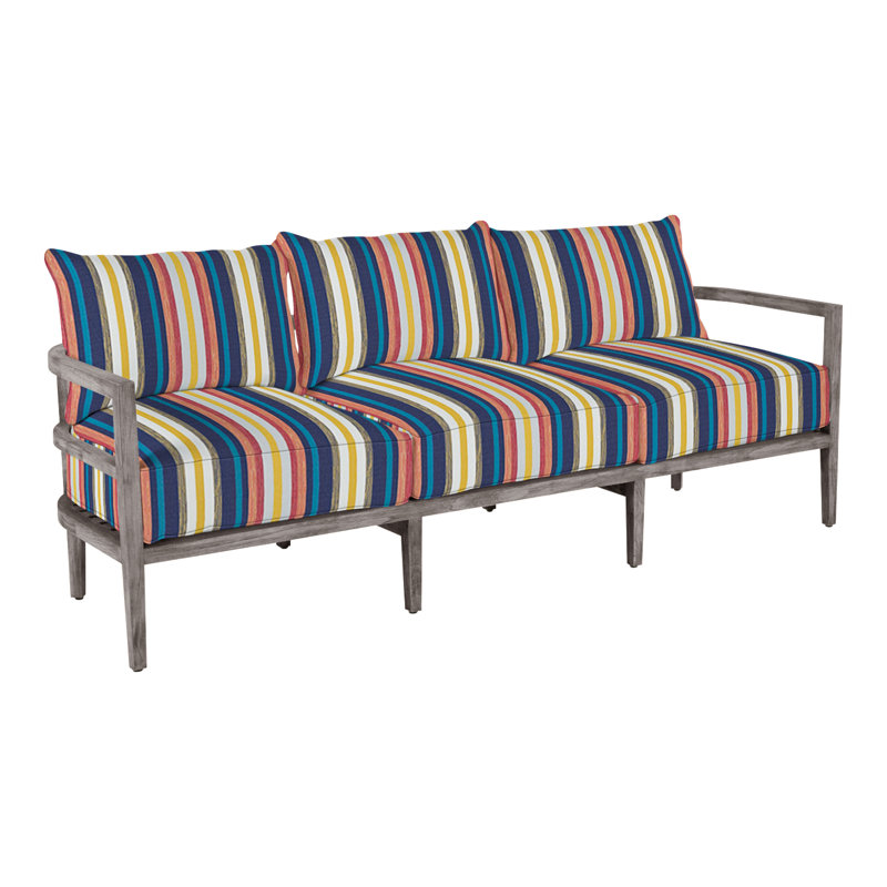 Santa Barbara 87" Wide Outdoor Teak Patio Sofa with Cushions, No Welt, Herringbone Sand, Natural Teak