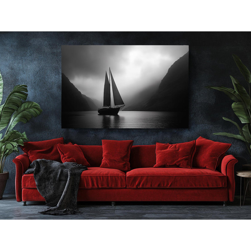 Voilier noir et blanc sur toile de haute qualité - décoration murale fabriquée à la main - art élégant - cadeau - reproduction murale, reproduction de peinture
