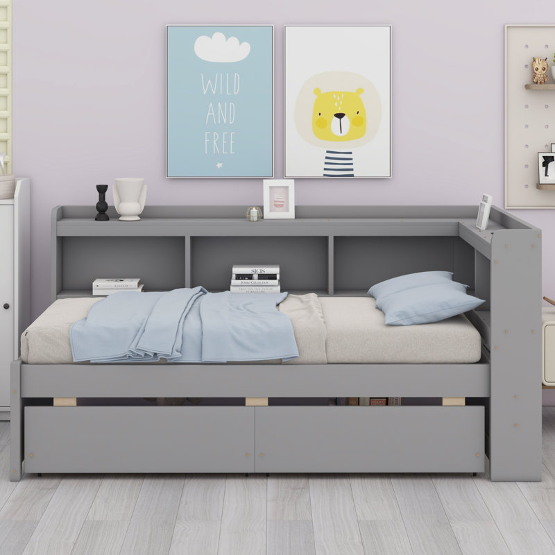 Lit en forme de L avec bibliothèques avec prises de courant, ports de chargement USB, tiroirs, Gris