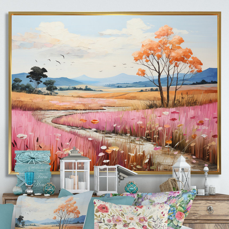" Countryside Pastel Hills Patchwork II ", 30" H x 40" W x 1.5" D, Gold Floater Framed
