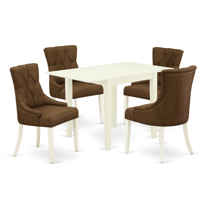 L'ensemble de mobilier de salle à manger 5 pièces comprend une table de salle à manger rectangulaire avec Dropleaf et 4 chaises Parsons en tissu brun, lin blanc