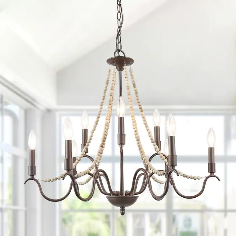 Lustre classique à 9 lumières de style bougie avec détails en bois Aurora , H 84 po x l 28,4 po x P 28,4 po, Noir rouillé