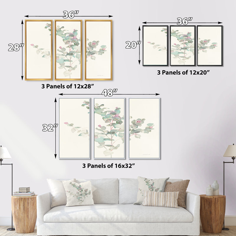 Feuilles d'eucalyptus II - ensemble d'art mural sur toile traditionnel encadré de 3, Or, H 20 po x l 36 po x P 1 po