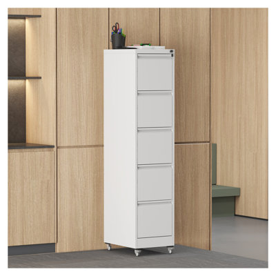5 Drawer Lockable Vertical File Cabinet with Wheels, Heavy Duty Metal Storage Cabinet for Home Office - White, Fits A4/Letter/Legal Size Files