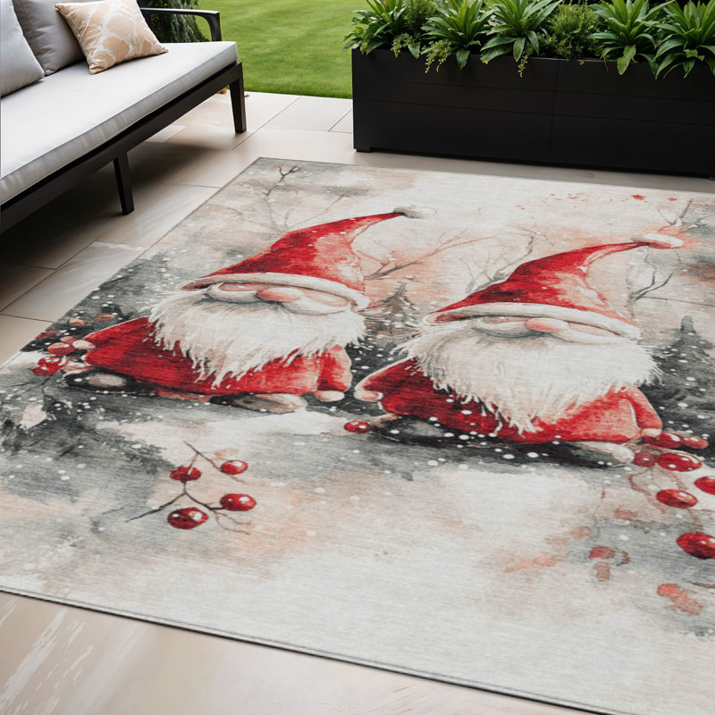 Tapis intérieur/extérieur lavable 152 x 244 cm, motif nain ivoire, rouge et gris