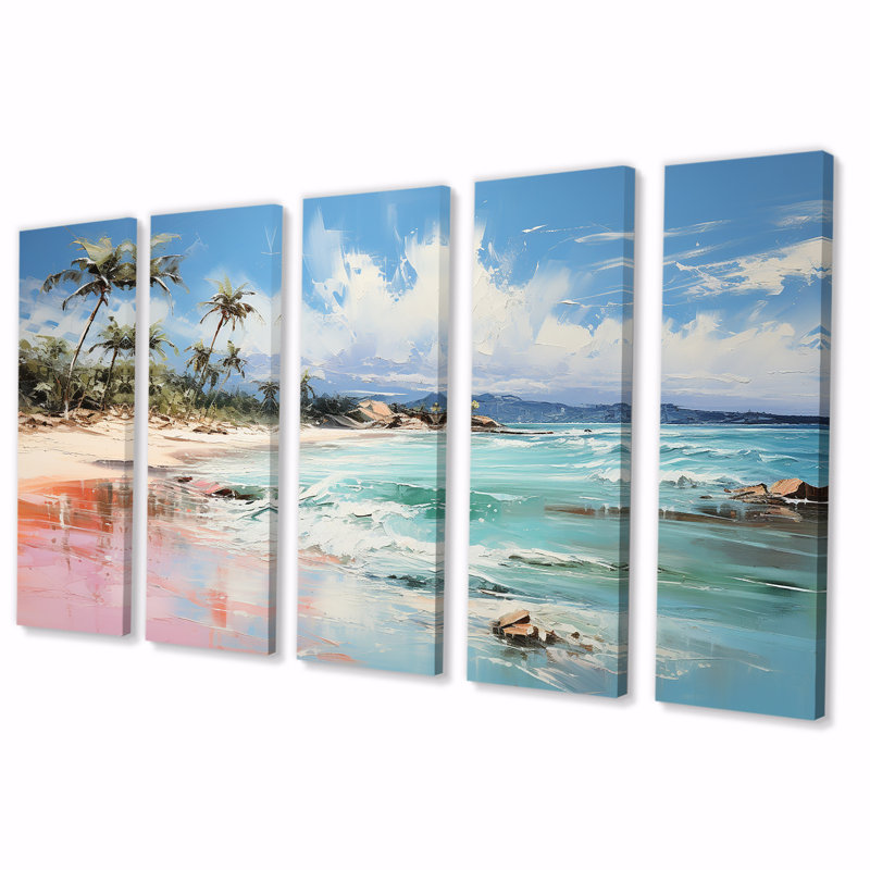 «Green Tropical Beach Escape I - Coastal Tropical», art mural sur toile 5 pièces, H 32 po x l 80 po