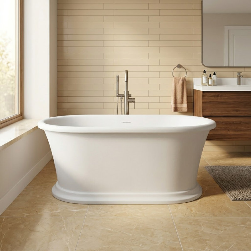 61" White Solid Surface Oval Freestanding Soaking Bathtub with Pedestal Base, Mattle White