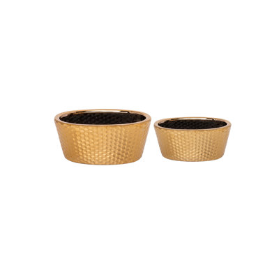 Ceramic Oval Planter with Honeycomb Pattern Design Body Set Of Two  Gloss Finish Glossy Copper..11.00"x7.25"x5.25"H; 9.00"x4.75"x4.00"H
