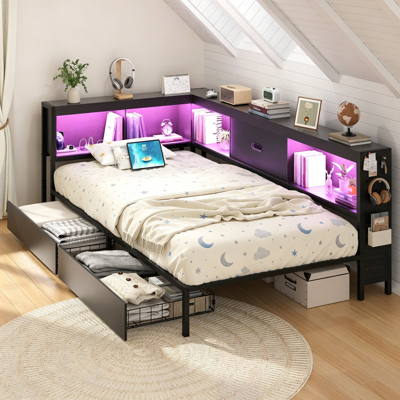 LED Twin Size Corner Bed With Charging Station, 2 Drawers and Bookcases, Black, Twin