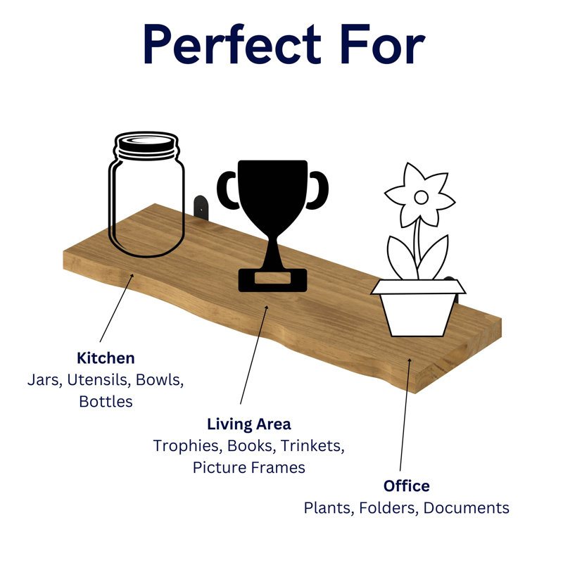 Chunky Shelf Kit, 'L' Metal Bracket, Pre-Sanded or Waxed, 2.5cm H x 60cm W x 20cm D, Natural Wood