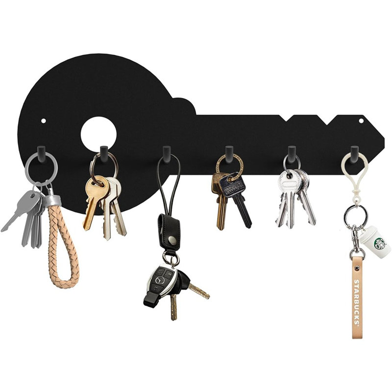 Porte-clés en métal robuste avec 6 crochets, porte-clés mural, porte-clés durable et élégant, porte-clés mural pour hall d'entrée, cuisine, bureau, couloir (1 paquet, noir)