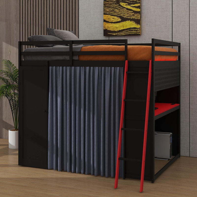 Lit mezzanine double en bois massif avec garde-robe, étagères, rideaux occultants et éclairage RVB, Noir / Rouge