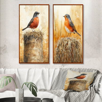 Oiseau robin sur la balle de foin I - animaux, art sur toile 2 panneaux